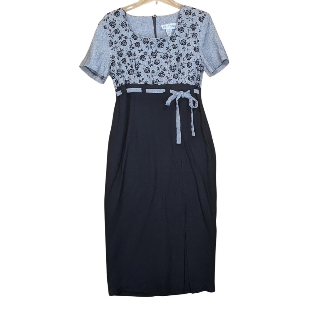 Vintage Betsy's Things 90s Black Floral Houndstooth Midi‎ Dress Women's's 14